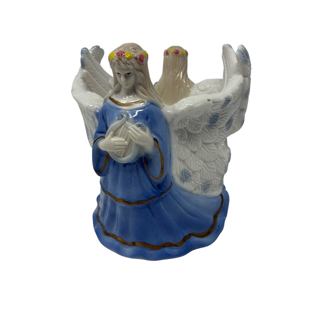 VTG Ceramic Angel Candle Holder Angels Instruments Enlaced Wings Pillar Candle